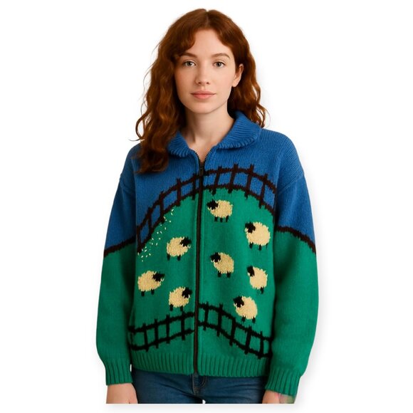 Vintage Sweaters - Vintage Full-Zip Sheep Cardigan Handmade L/XL